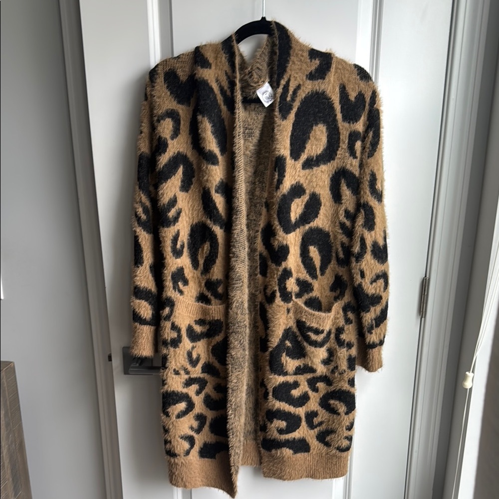 Leopard Print Open Front Cardigan with Pockets